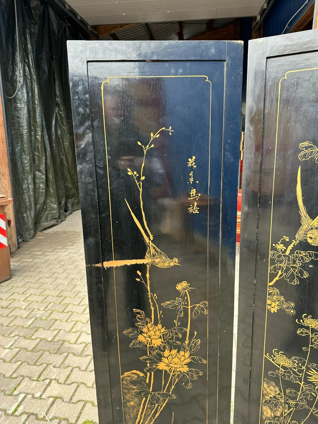 Antikes 180x183cm Japanisches Paravent um 1930 Art Deco Steinfiguren Bemalung