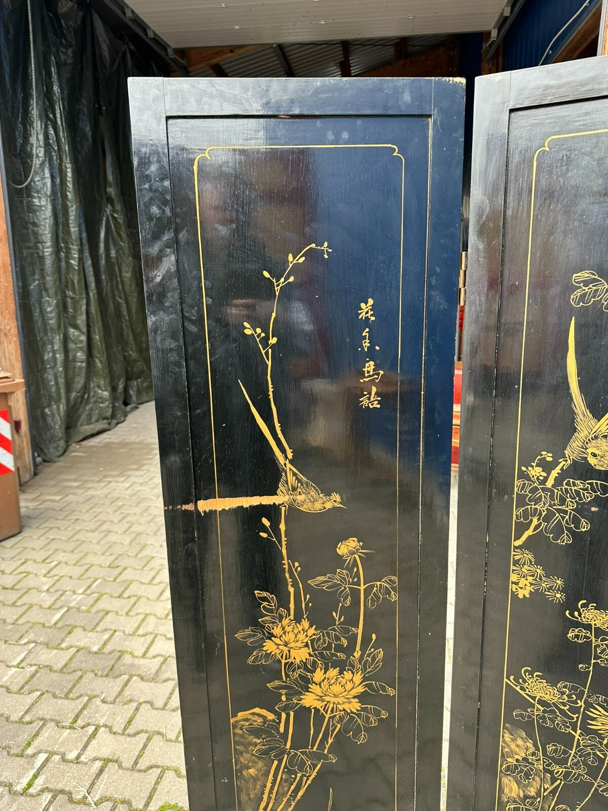 Antikes 180x183cm Japanisches Paravent um 1930 Art Deco Steinfiguren Bemalung