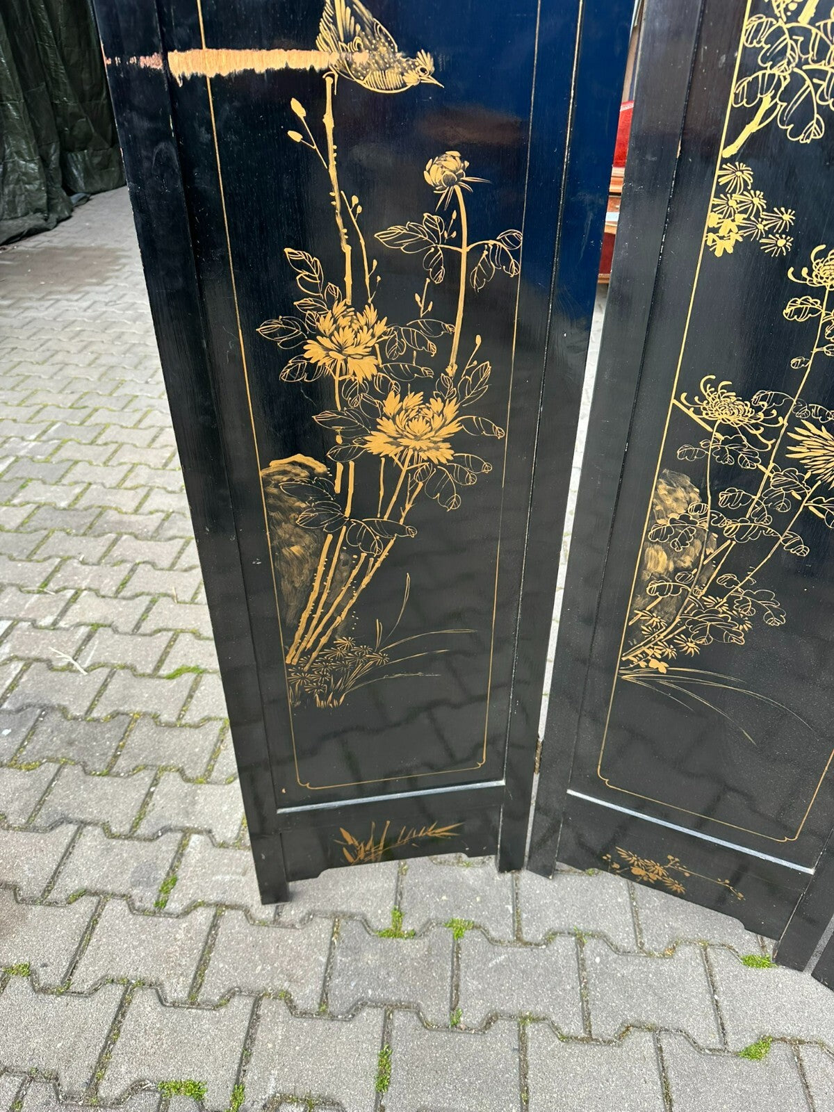 Antikes 180x183cm Japanisches Paravent um 1930 Art Deco Steinfiguren Bemalung