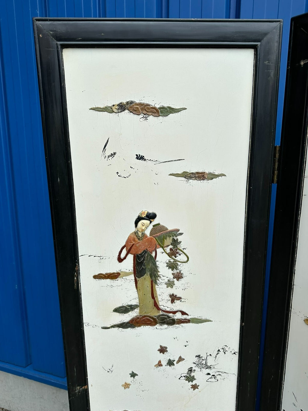 Antikes 180x183cm Japanisches Paravent um 1930 Art Deco Steinfiguren Bemalung
