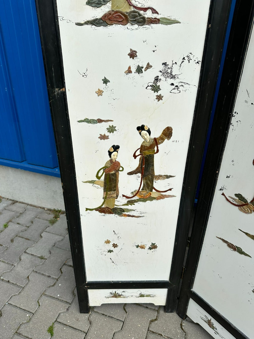 Antikes 180x183cm Japanisches Paravent um 1930 Art Deco Steinfiguren Bemalung