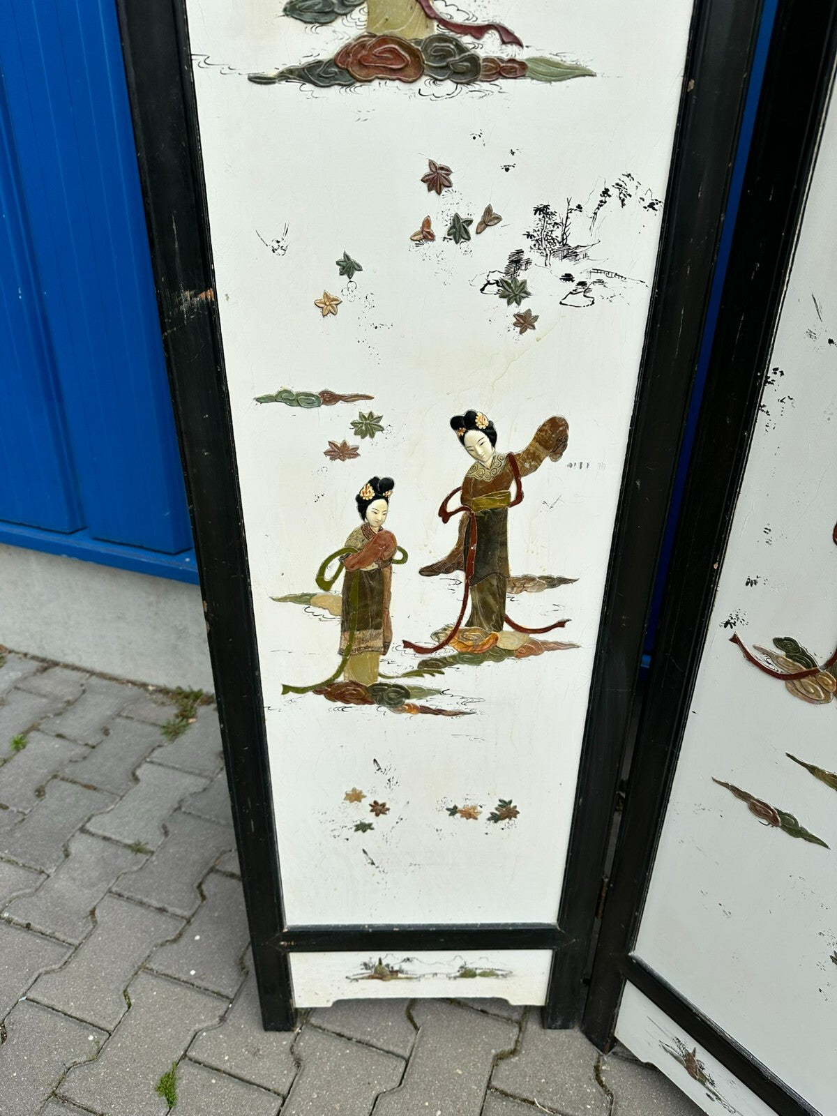 Antikes 180x183cm Japanisches Paravent um 1930 Art Deco Steinfiguren Bemalung