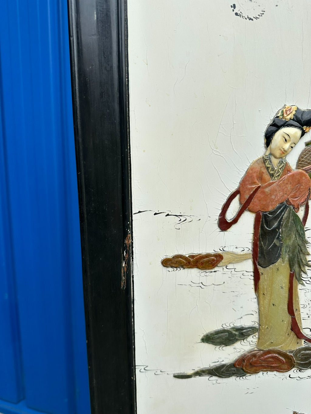 Antikes 180x183cm Japanisches Paravent um 1930 Art Deco Steinfiguren Bemalung