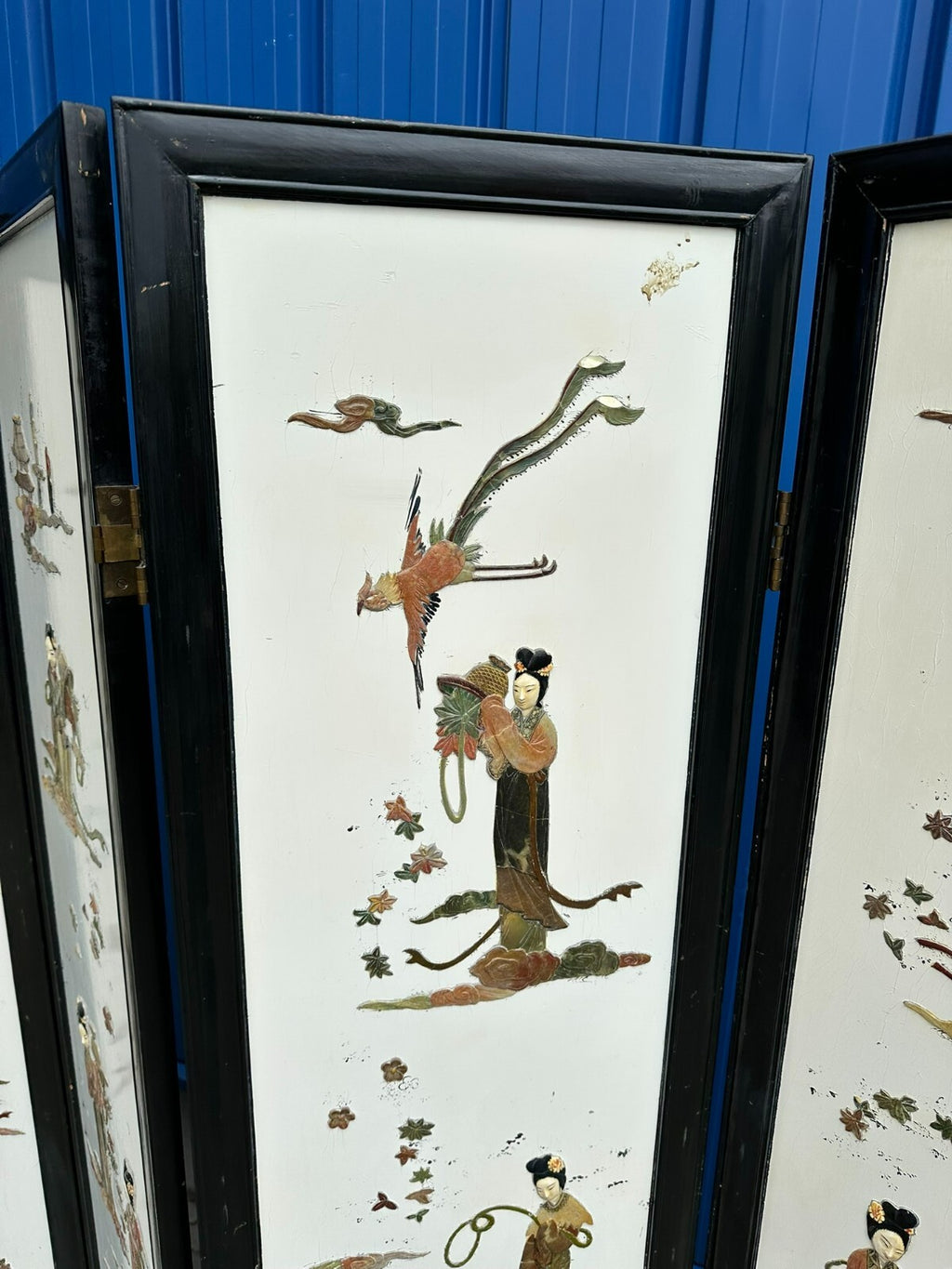 Antikes 180x183cm Japanisches Paravent um 1930 Art Deco Steinfiguren Bemalung