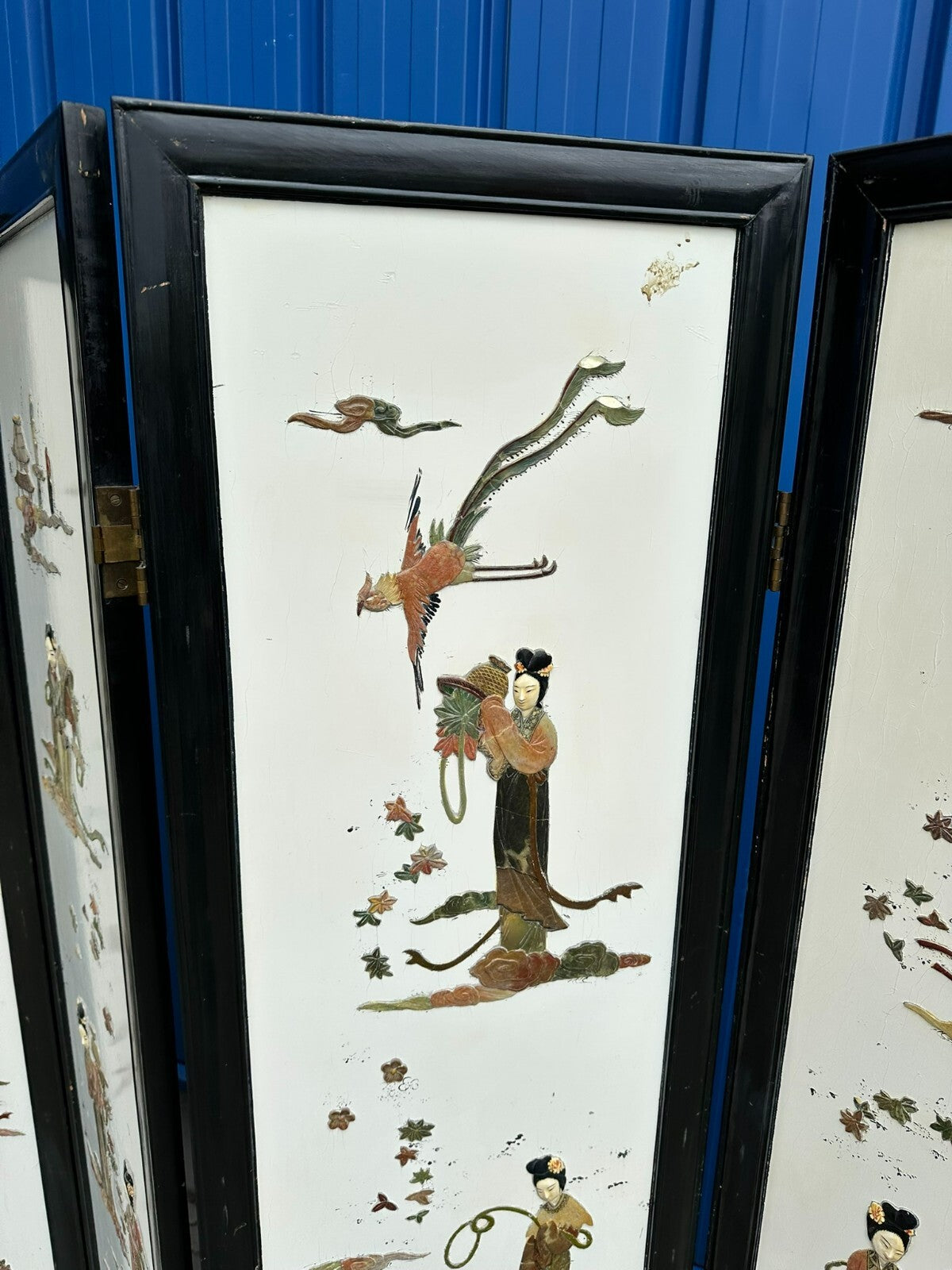 Antikes 180x183cm Japanisches Paravent um 1930 Art Deco Steinfiguren Bemalung