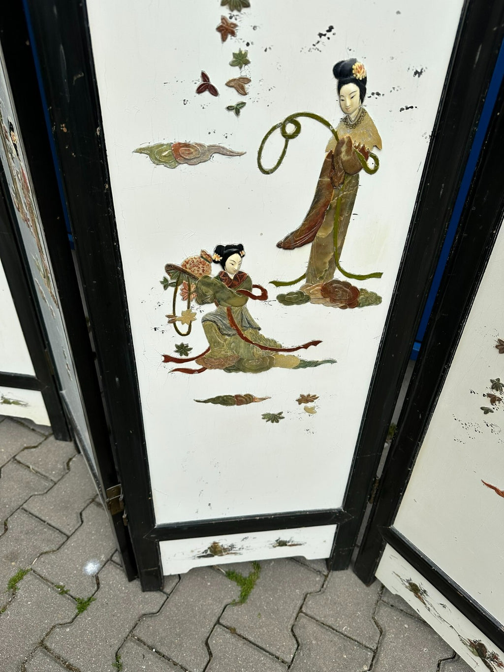Antikes 180x183cm Japanisches Paravent um 1930 Art Deco Steinfiguren Bemalung