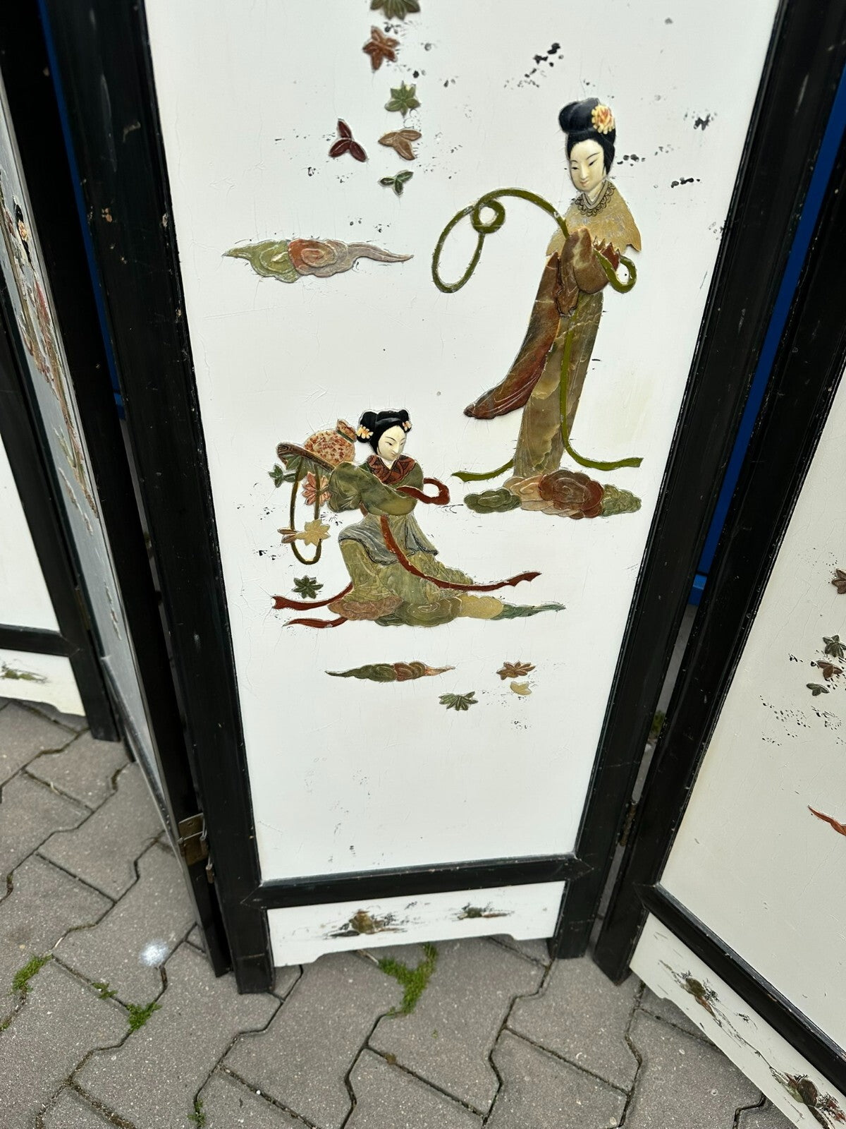 Antikes 180x183cm Japanisches Paravent um 1930 Art Deco Steinfiguren Bemalung