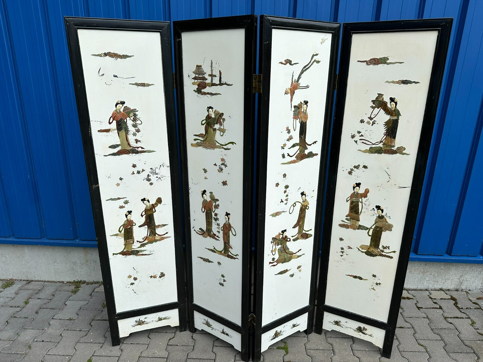 ANTIKES 180x183cm JAPANISCHES PARAVENT UM 1930 ART DECO STEINFIGUREN BEMALUNG