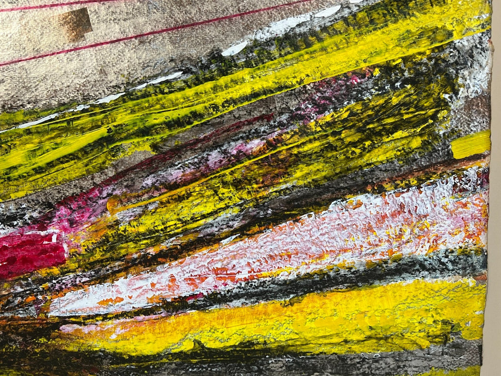 Enzo Arduini grosse Mischtechnik Acryl Blattsilber Rapsfelder am Fluss 148x110cm
