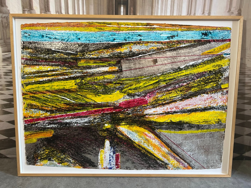 Enzo Arduini grosse Mischtechnik Acryl Blattsilber Rapsfelder am Fluss 148x110cm