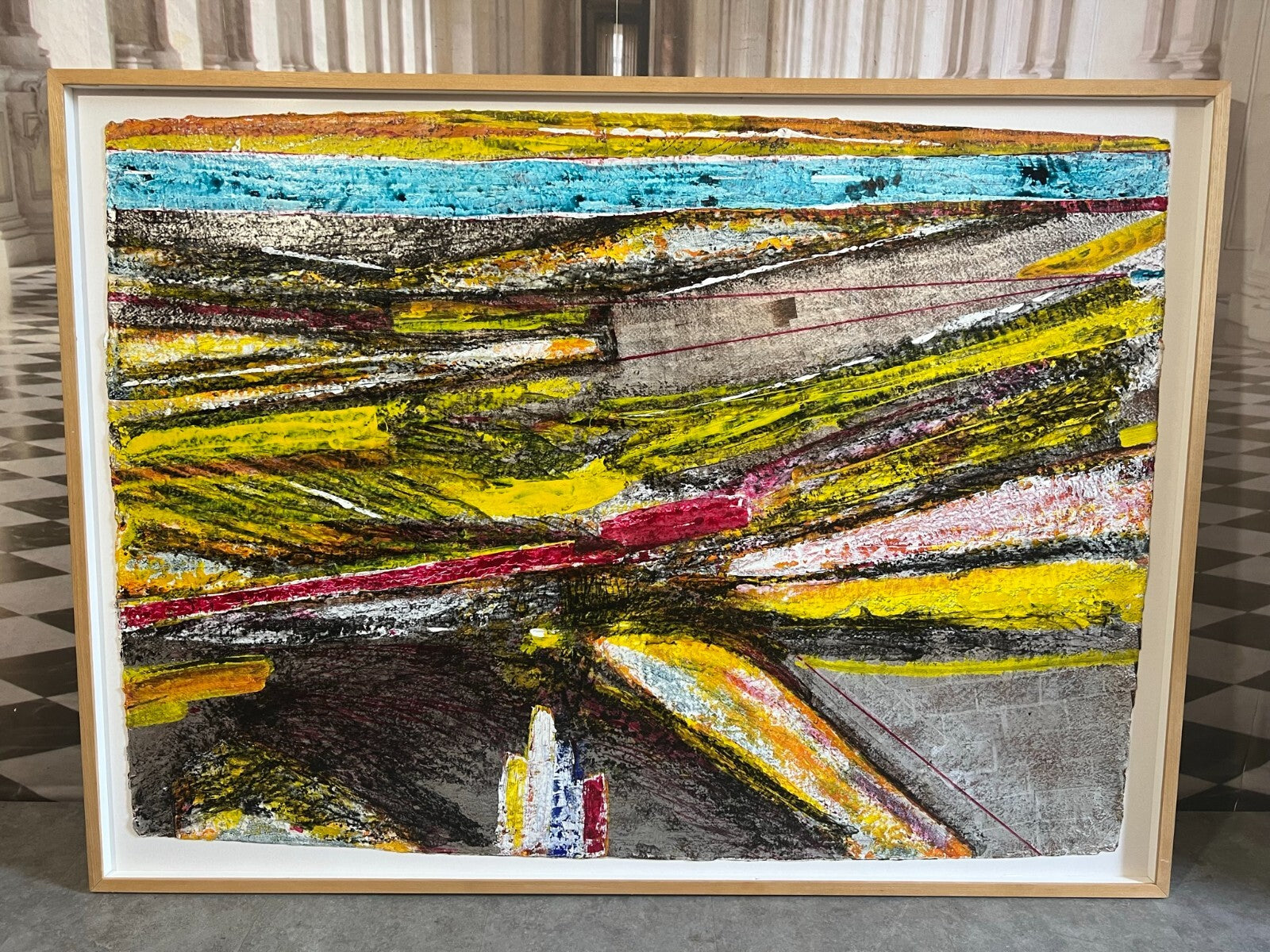 Enzo Arduini grosse Mischtechnik Acryl Blattsilber Rapsfelder am Fluss 148x110cm