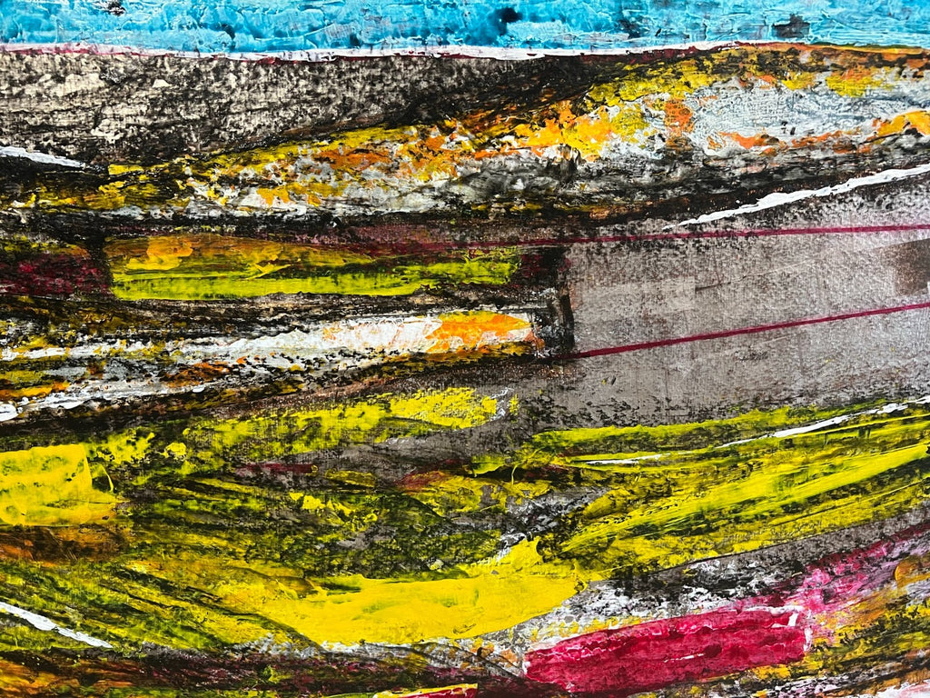 Enzo Arduini grosse Mischtechnik Acryl Blattsilber Rapsfelder am Fluss 148x110cm