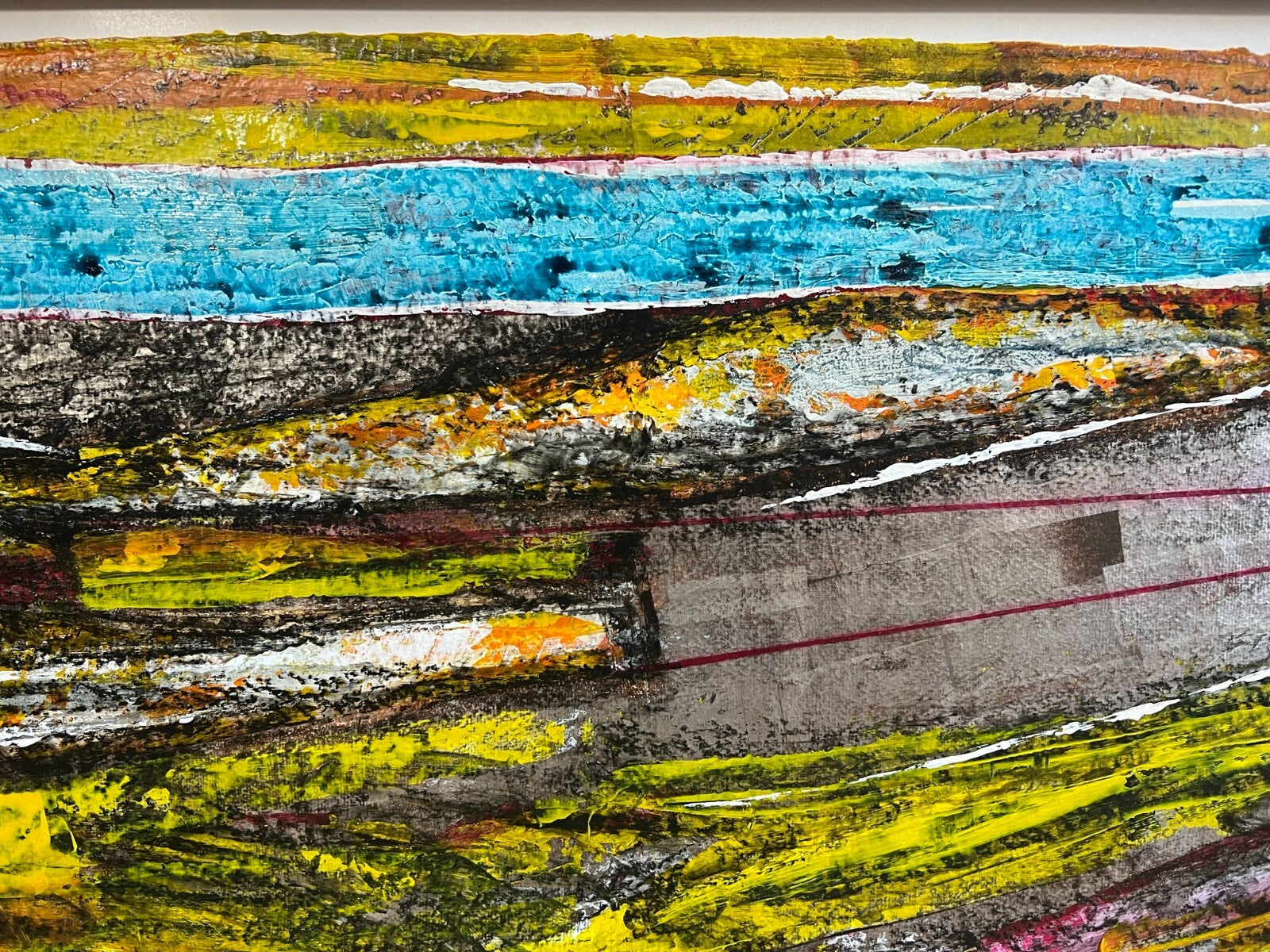 Enzo Arduini grosse Mischtechnik Acryl Blattsilber Rapsfelder am Fluss 148x110cm