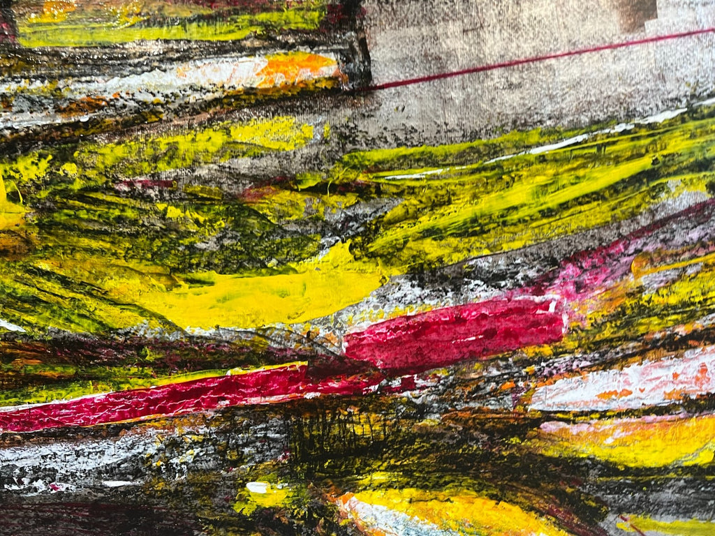 Enzo Arduini grosse Mischtechnik Acryl Blattsilber Rapsfelder am Fluss 148x110cm