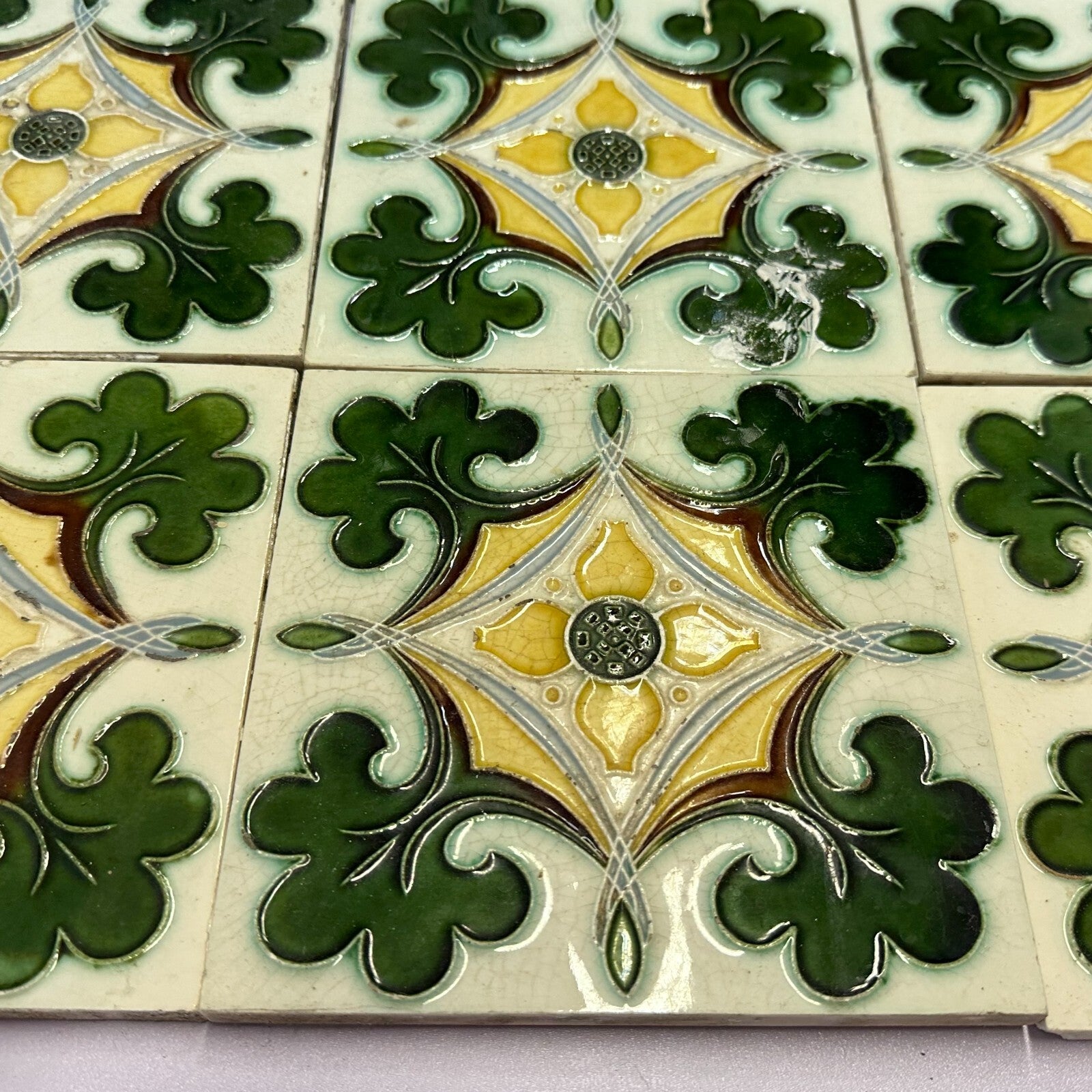 Set 9x Jugendstilfliese aus Keramik 15x15cm antike Jugendstil Fliese um 1910