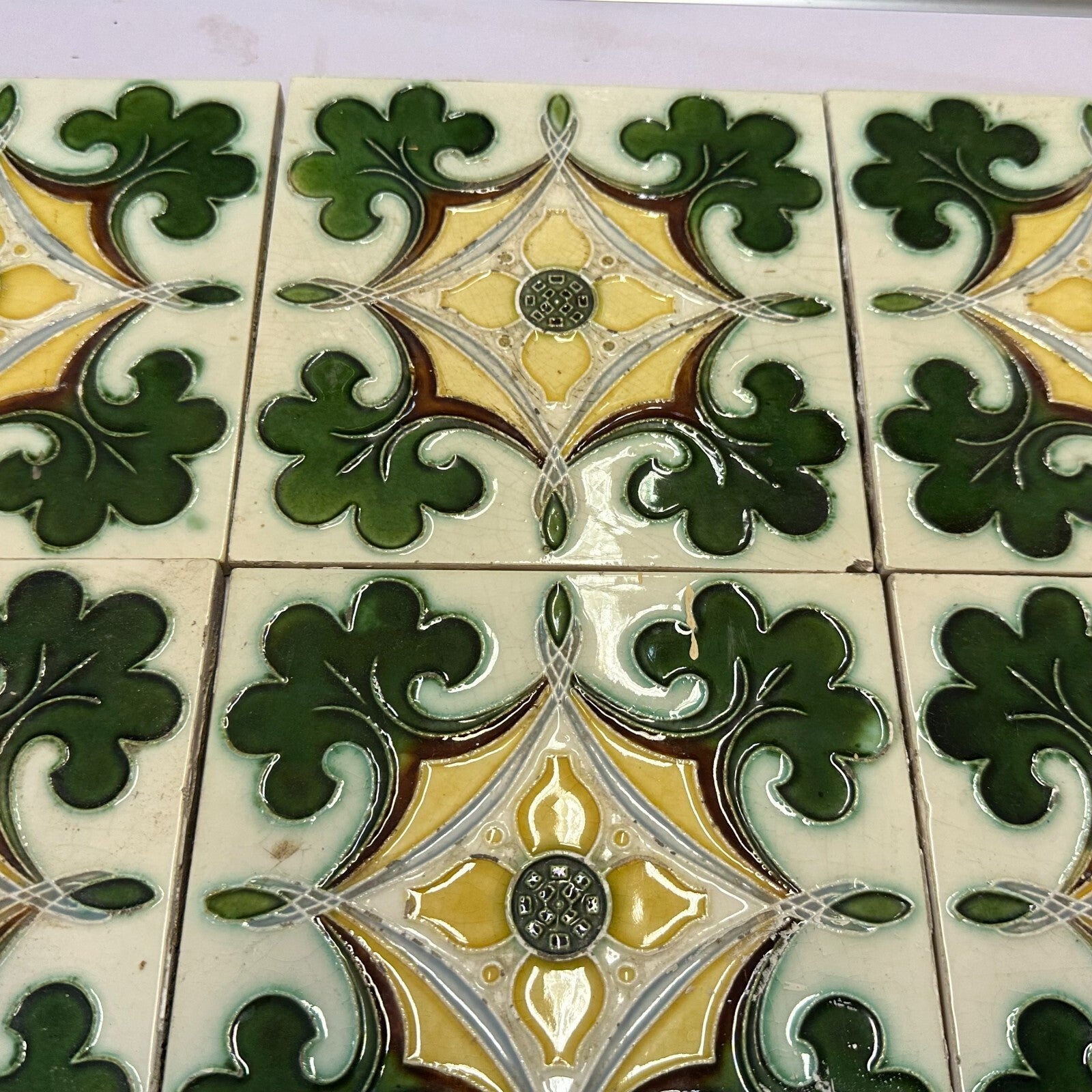 Set 9x Jugendstilfliese aus Keramik 15x15cm antike Jugendstil Fliese um 1910