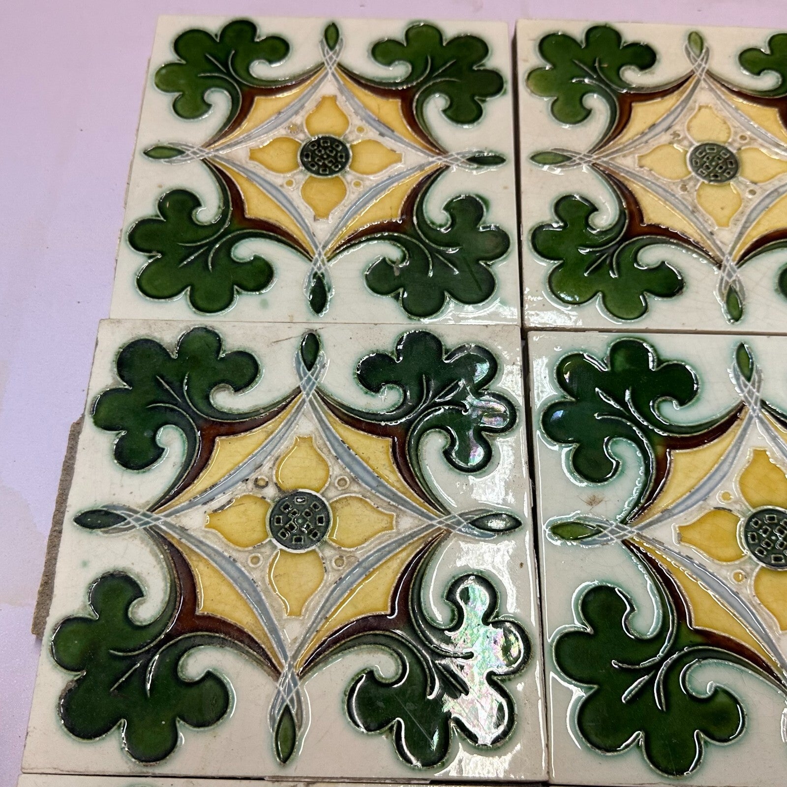 Set 9x Jugendstilfliese aus Keramik 15x15cm antike Jugendstil Fliese um 1910