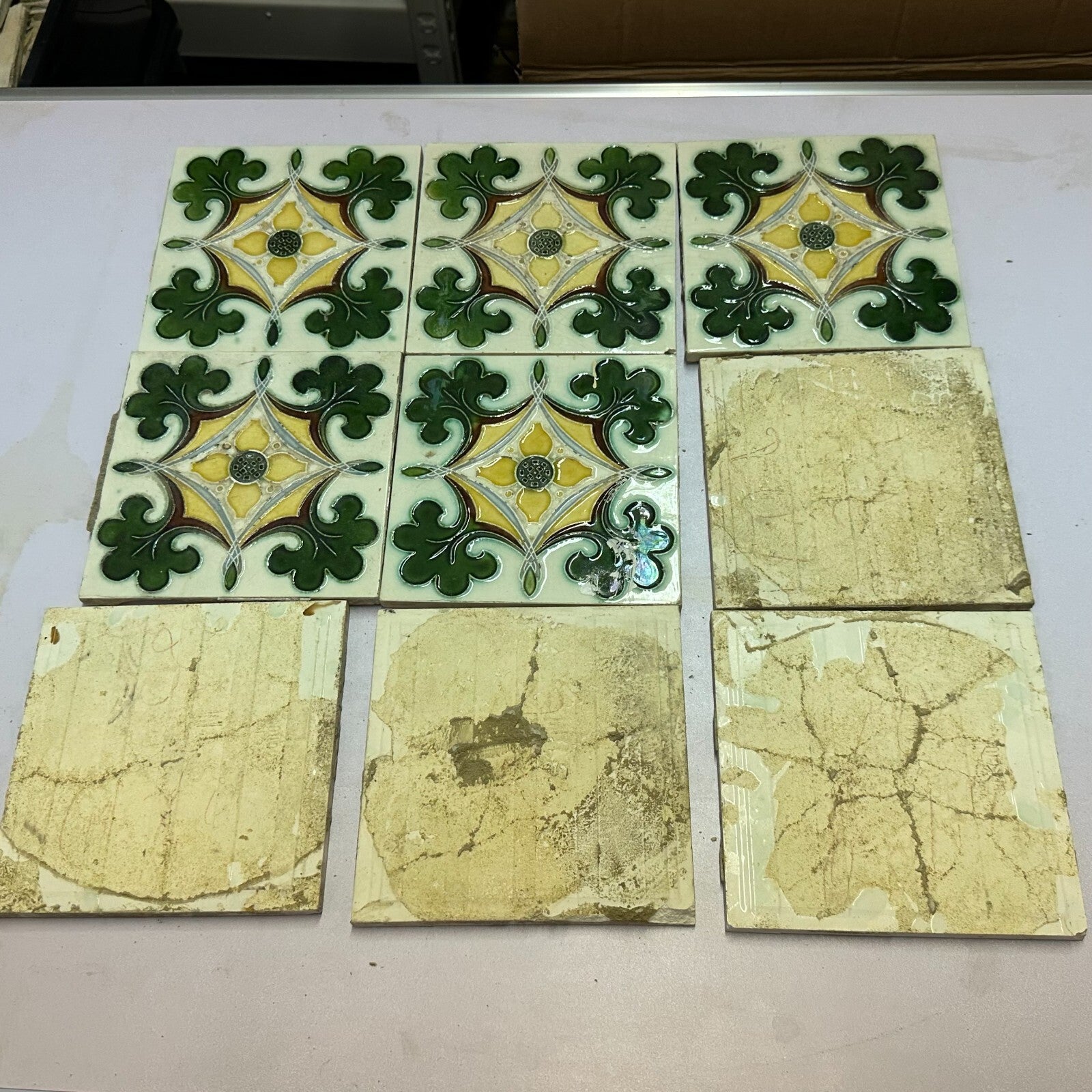 Set 9x Jugendstilfliese aus Keramik 15x15cm antike Jugendstil Fliese um 1910