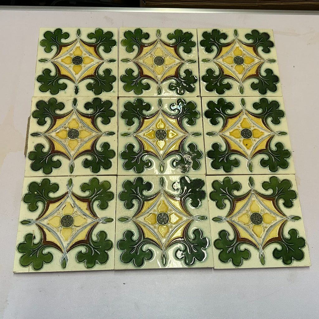 SET 9x JUGENDSTILFLIESE AUS KERAMIK 15x15cm ANTIKE JUGENDSTIL FLIESE UM 1910
