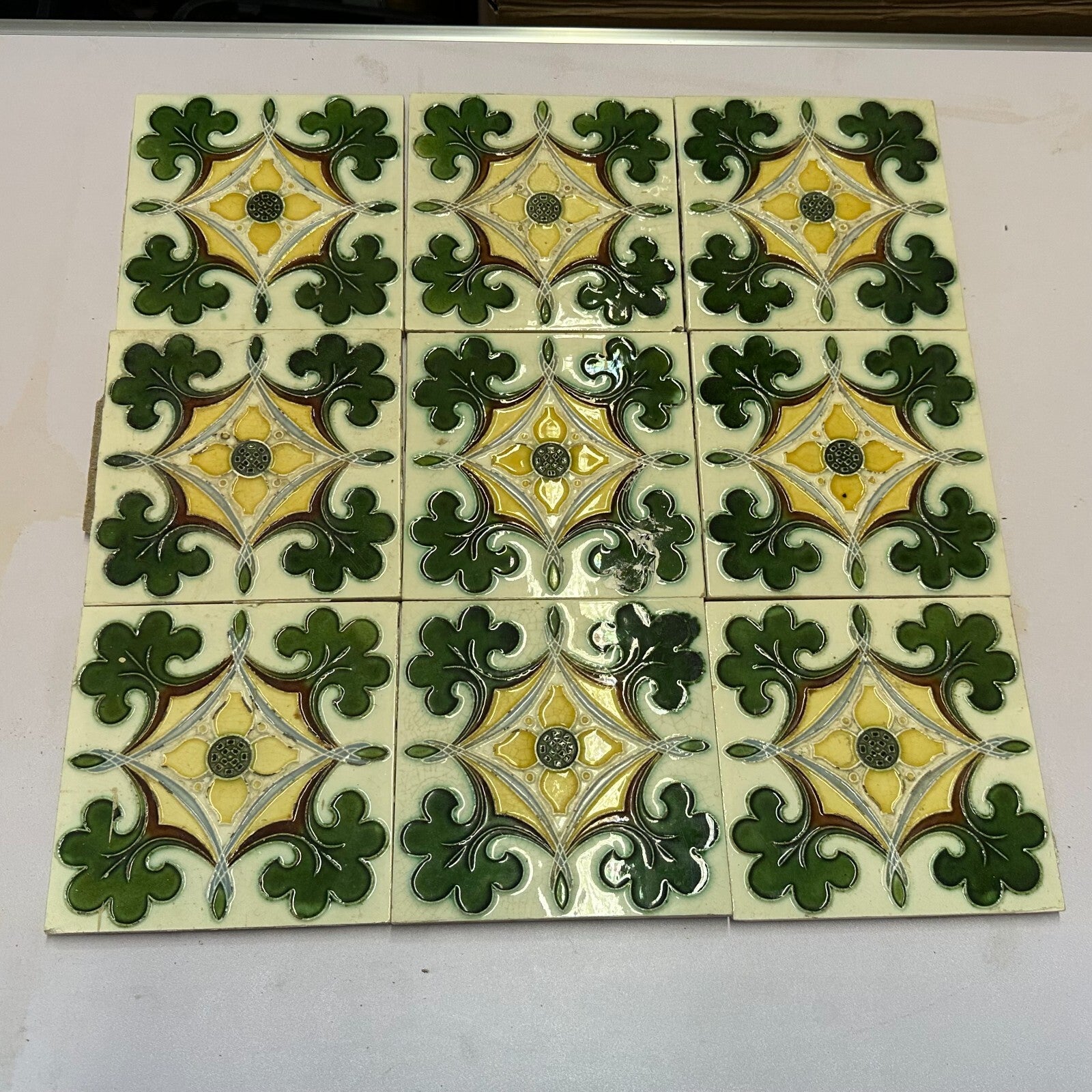 SET 9x JUGENDSTILFLIESE AUS KERAMIK 15x15cm ANTIKE JUGENDSTIL FLIESE UM 1910