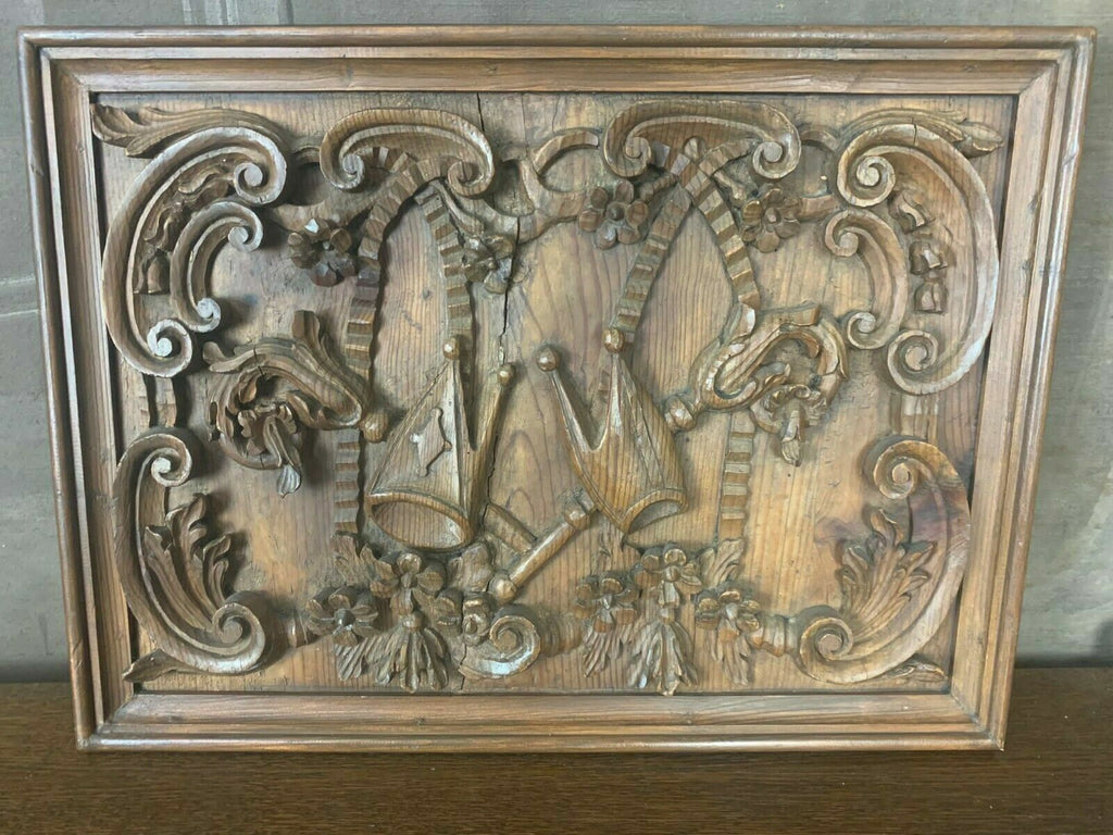 BAROCK RELIEF WAPPEN HANDGESCHNITZT ANTIK MITTE 18 TES JHDT WEICHHOLZ