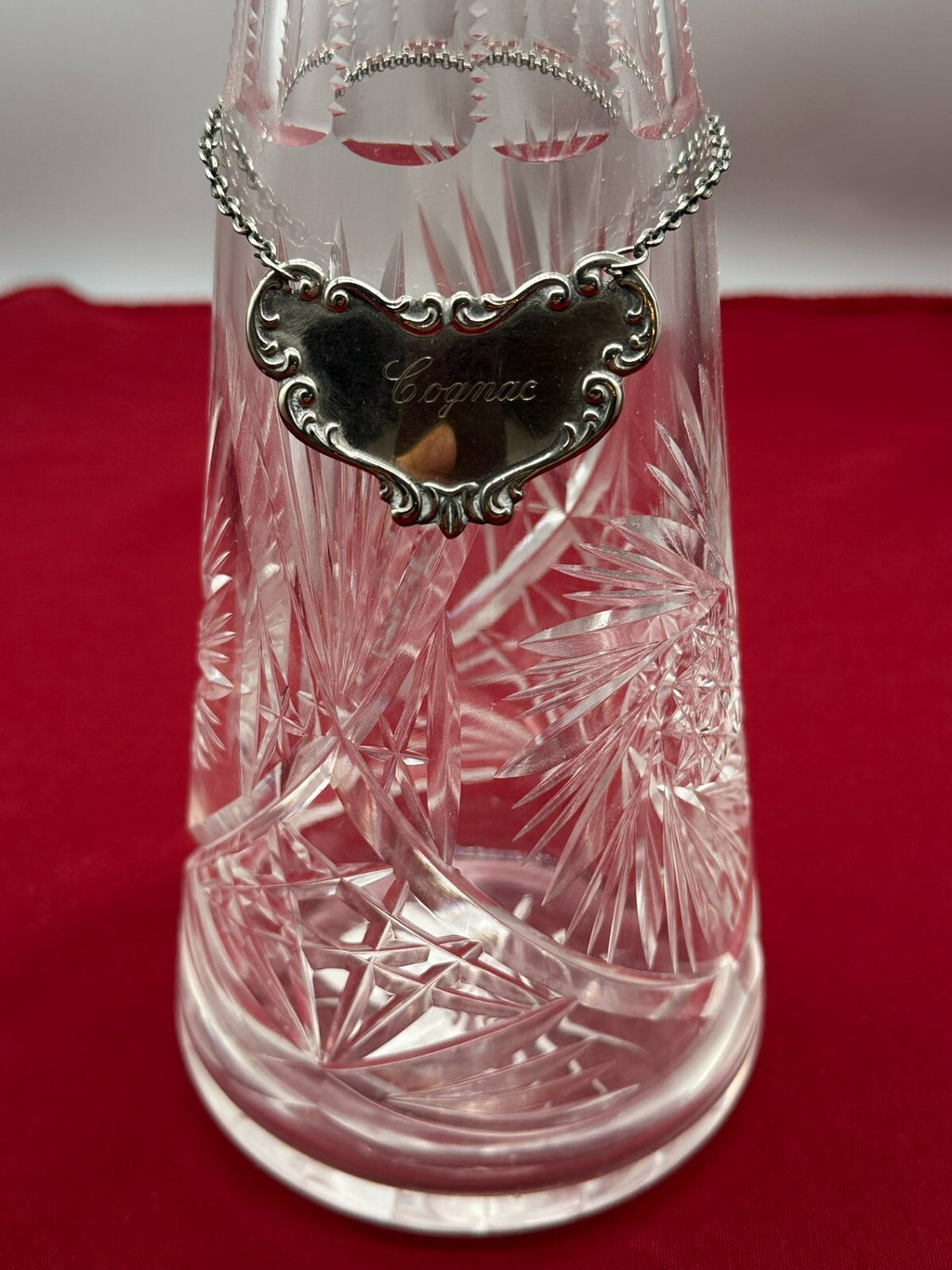 Vintage Karaffe 40cm Flasche mit Stöpsel Glas Schleifdekor Versilberte Plakette