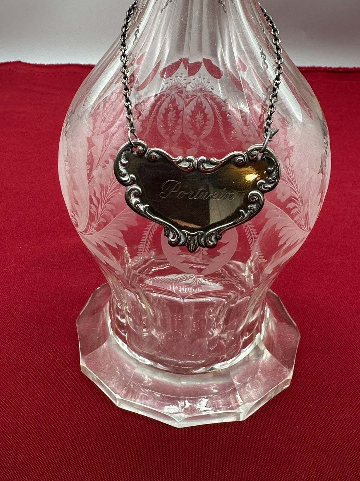Vintage Karaffe Flasche mit Stöpsel Glas Ätzdekor Versilberte Plakette