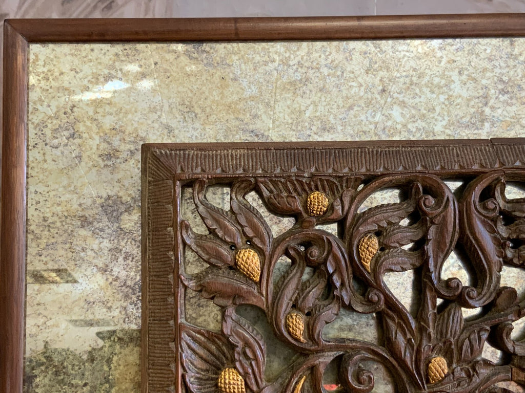 Asien Relief aus Holz handgeschnitzt und gefasst auf Spiegel montiert 68x123cm