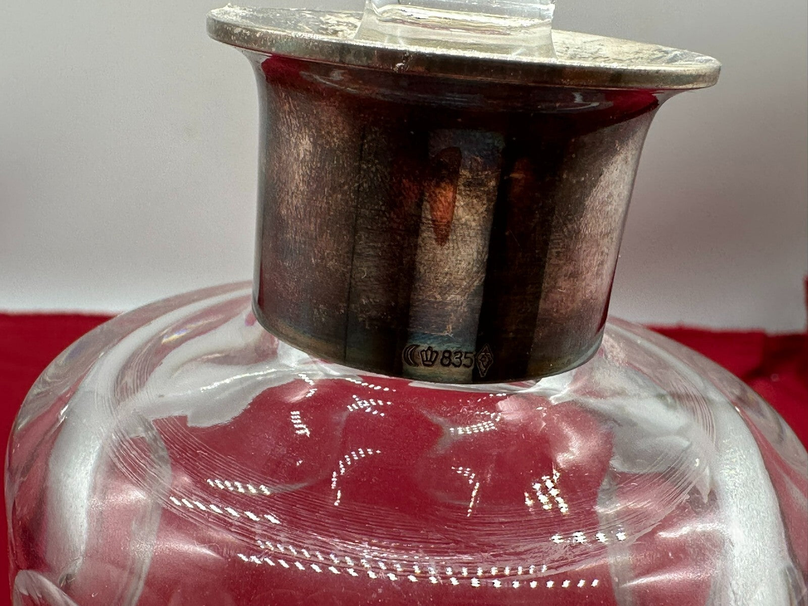 Vintage Karaffe Flasche mit Stöpsel aus Glas Montur aus Silber 835