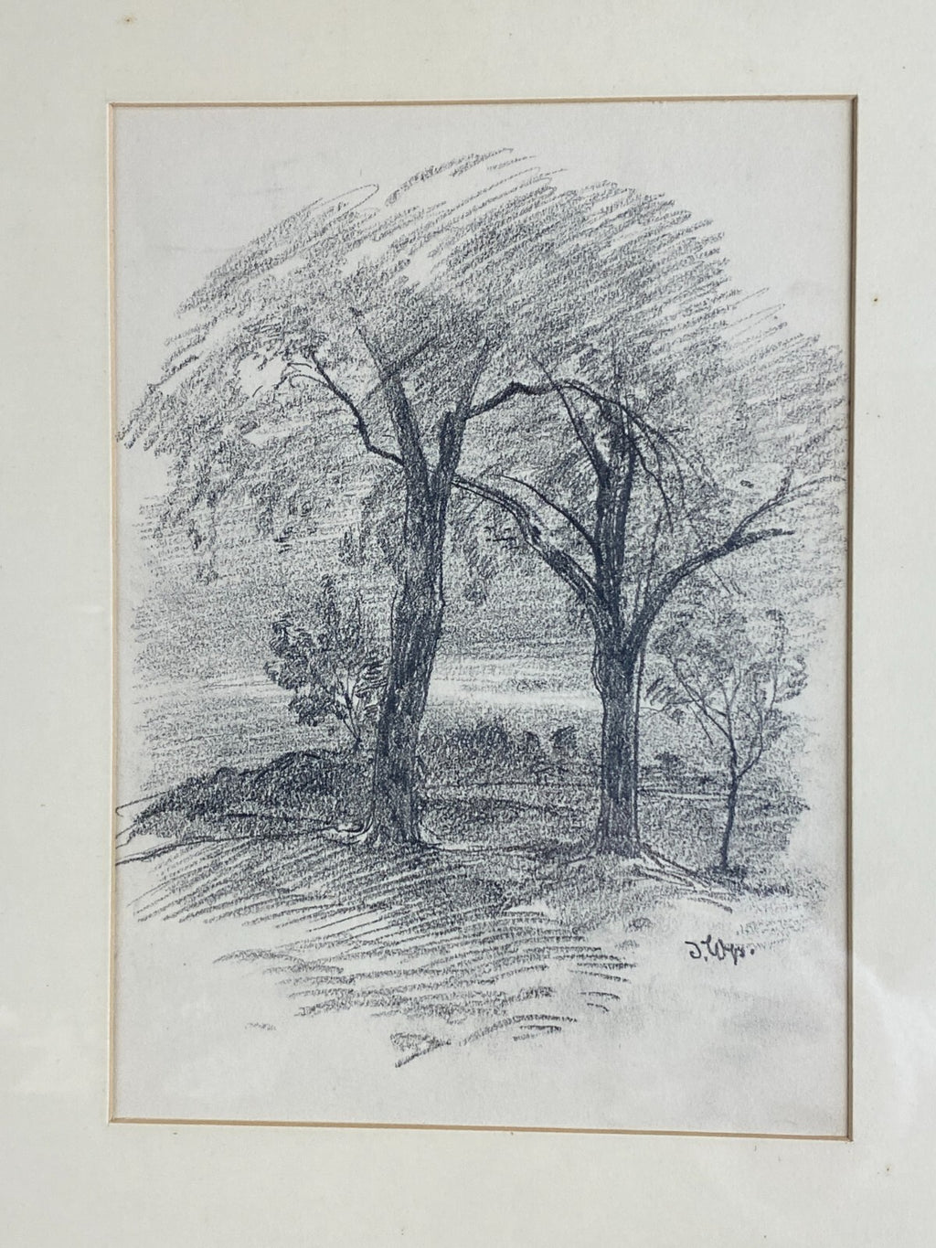 Kohlestift Zeichnung gerahmt Bäume Landschaft Josef Wopfner (1843-1927)
