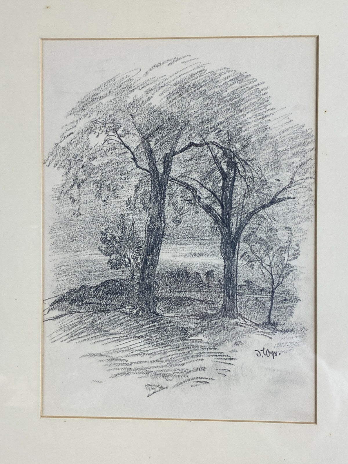 Kohlestift Zeichnung gerahmt Bäume Landschaft Josef Wopfner (1843-1927)