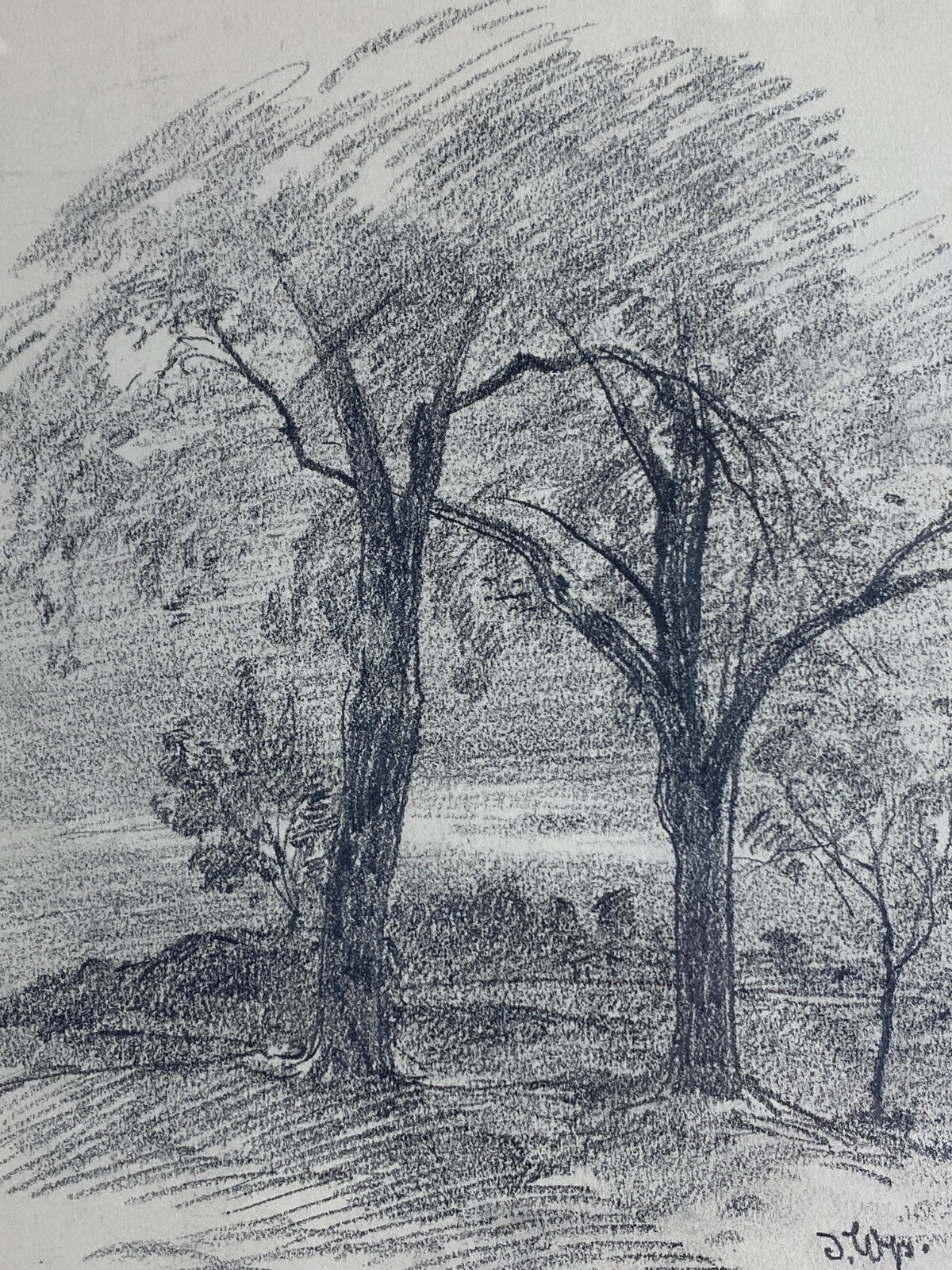 Kohlestift Zeichnung gerahmt Bäume Landschaft Josef Wopfner (1843-1927)