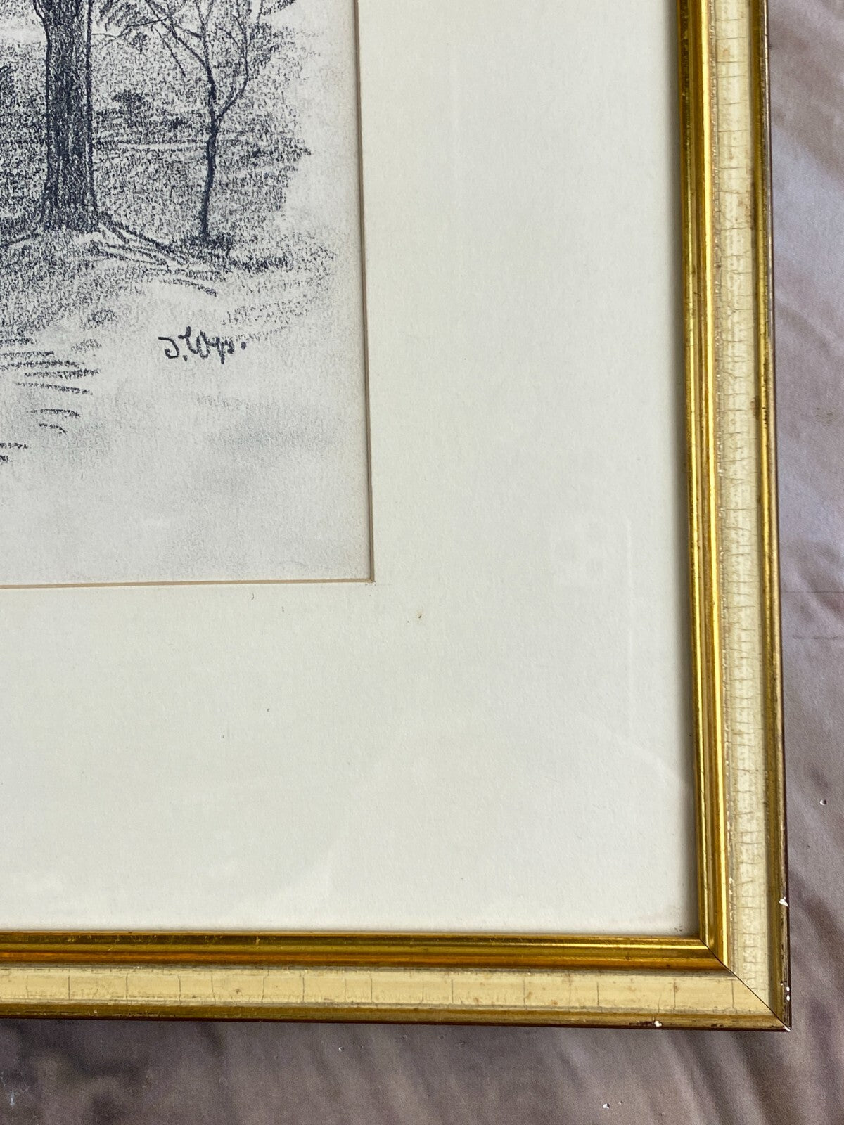 Kohlestift Zeichnung gerahmt Bäume Landschaft Josef Wopfner (1843-1927)