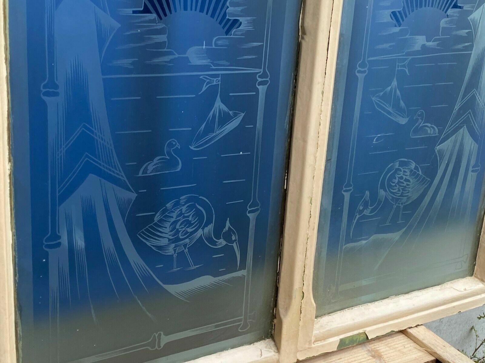 2x antike Glasscheibe Glas Fenster original um 1900 Jugendstil Vögel Girlanden
