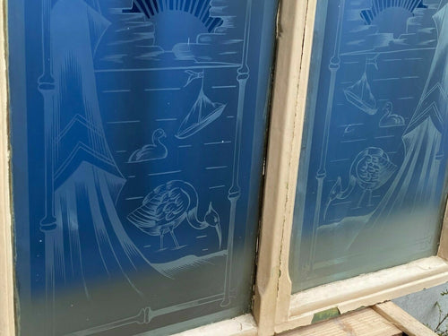 2x antike Glasscheibe Glas Fenster original um 1900 Jugendstil Vögel Girlanden