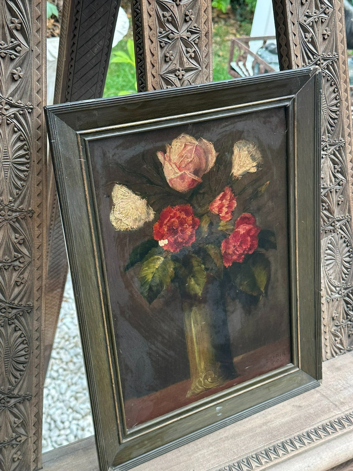 Antikes Ölgemölde von 1902 Blumen Stillleben signiert Stahl