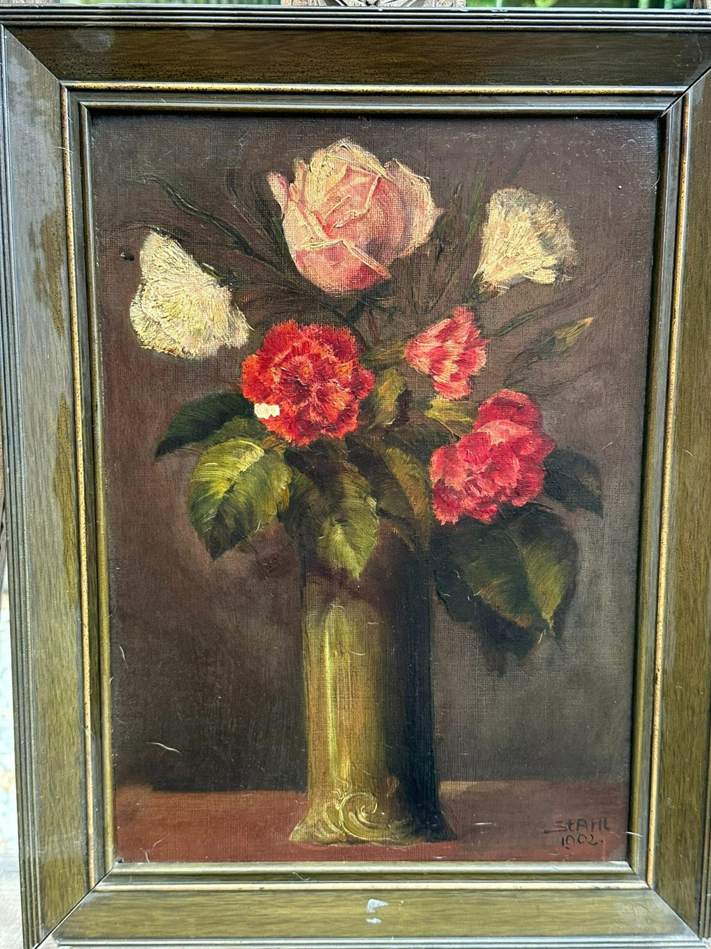 Antikes Ölgemölde von 1902 Blumen Stillleben signiert Stahl
