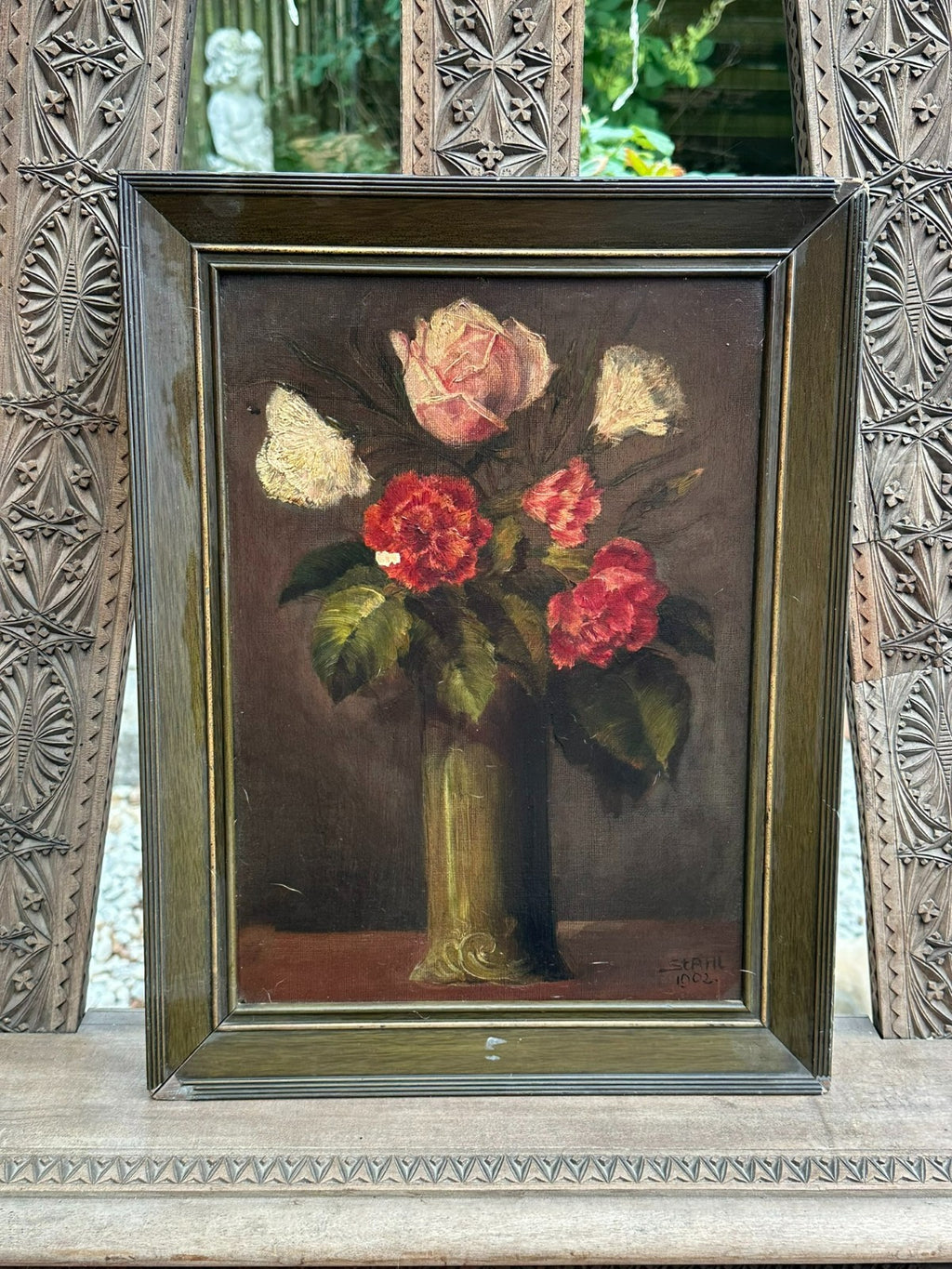 Antikes Ölgemölde von 1902 Blumen Stillleben signiert Stahl