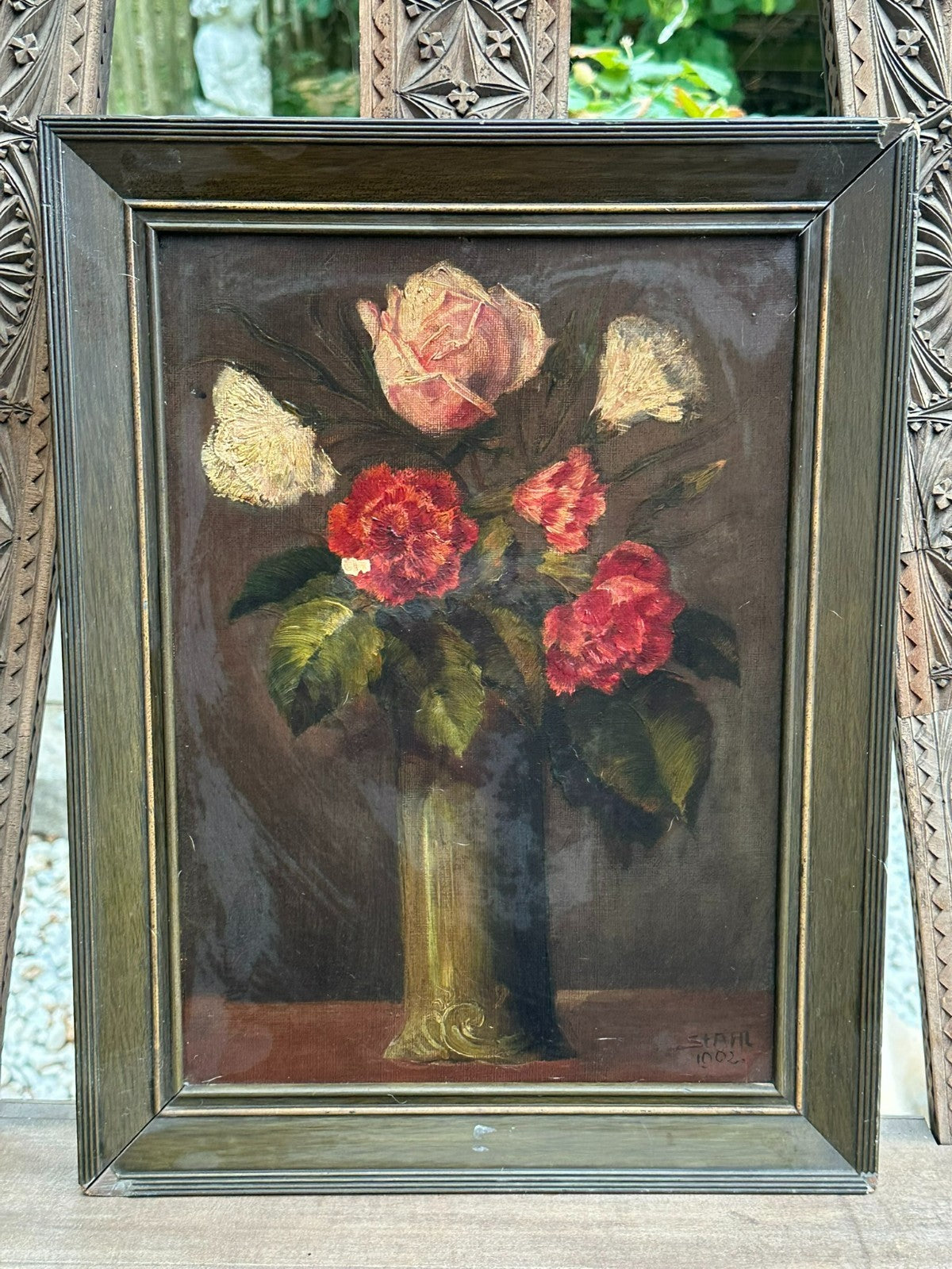 Antikes Ölgemölde von 1902 Blumen Stillleben signiert Stahl