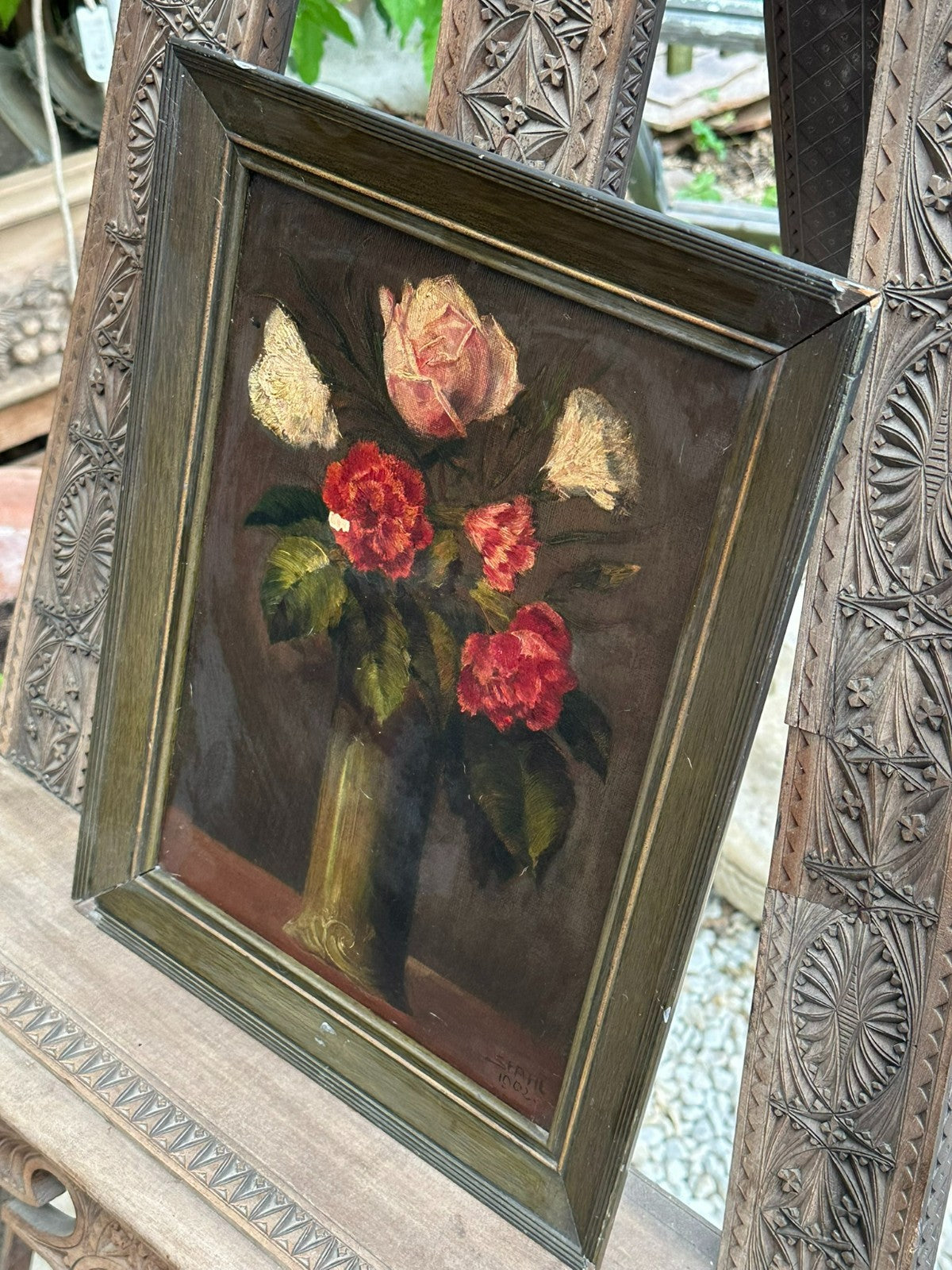 Antikes Ölgemölde von 1902 Blumen Stillleben signiert Stahl