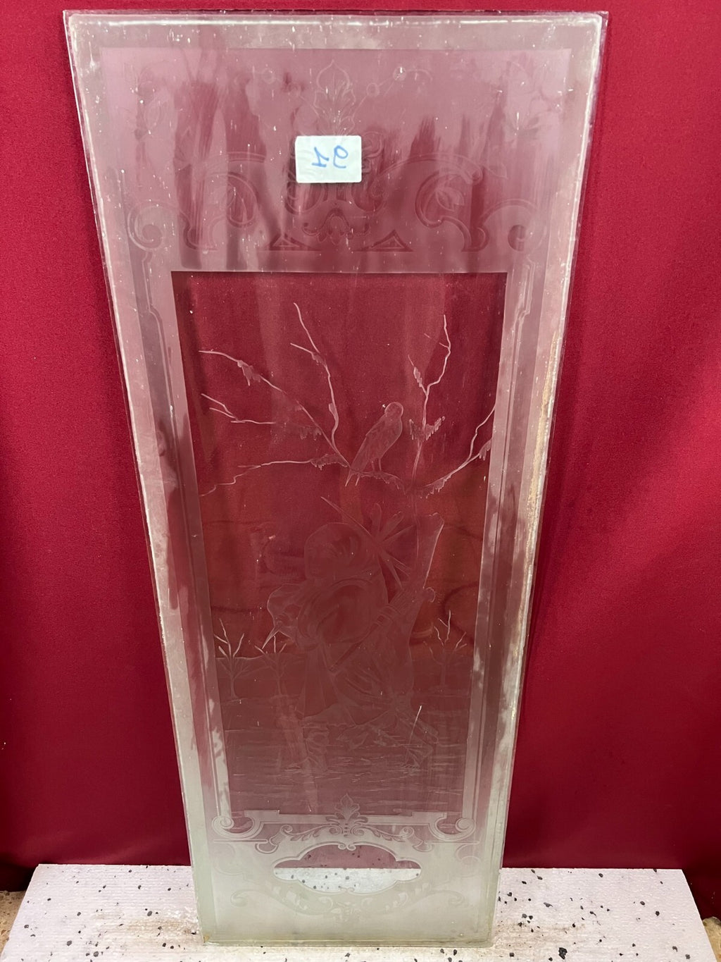 ANTIKE GLASSCHEIBE FENSTER GLAS JUGENDSTIL ORIGINAL UM 1910 VOGEL IM BAUM