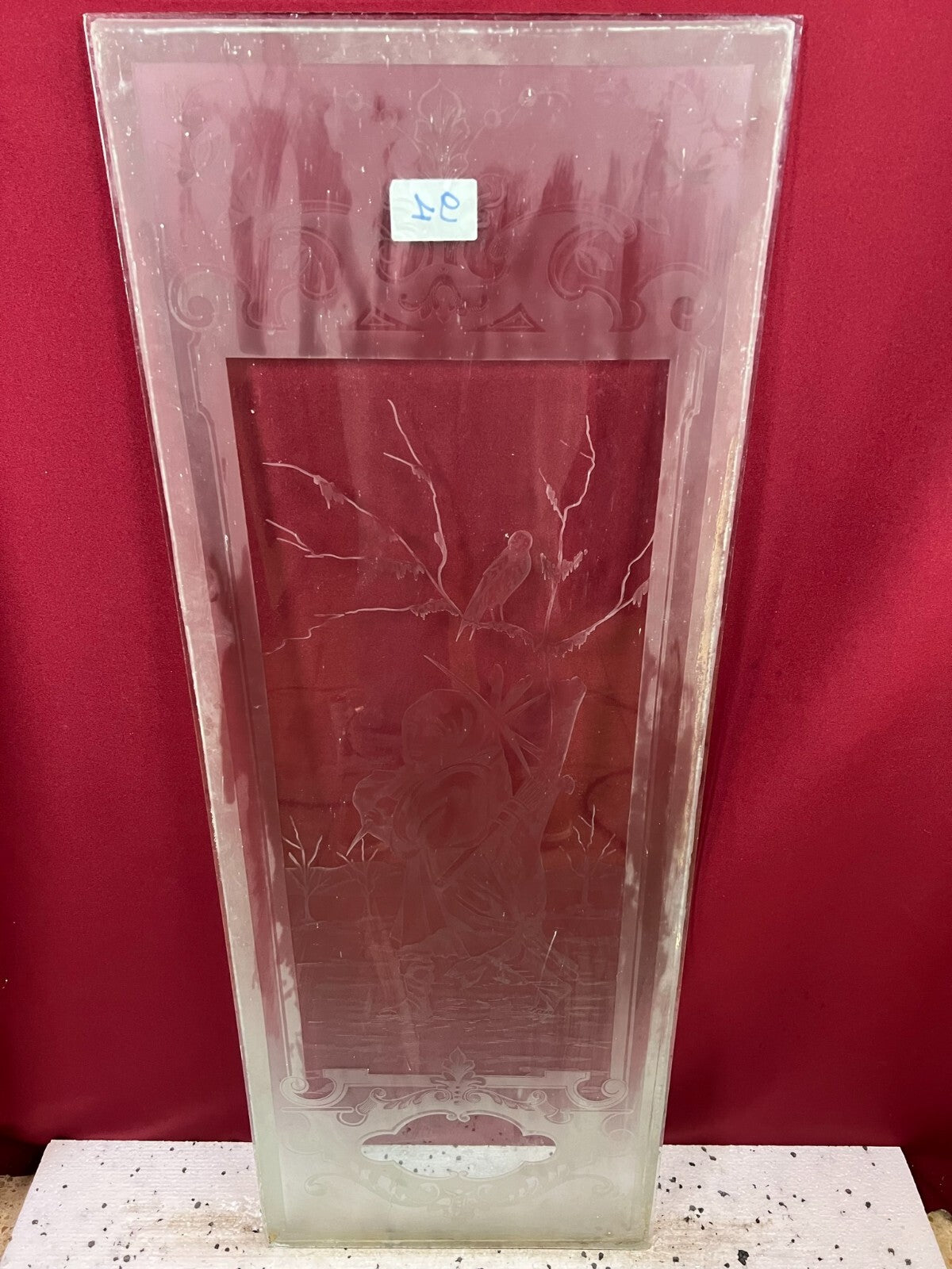 ANTIKE GLASSCHEIBE FENSTER GLAS JUGENDSTIL ORIGINAL UM 1910 VOGEL IM BAUM