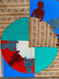 MODERNE KOMPOSITION SIGNIERT YACOUB AL-KURD JERUSALEM STOFF UND ACRYL PERSONEN