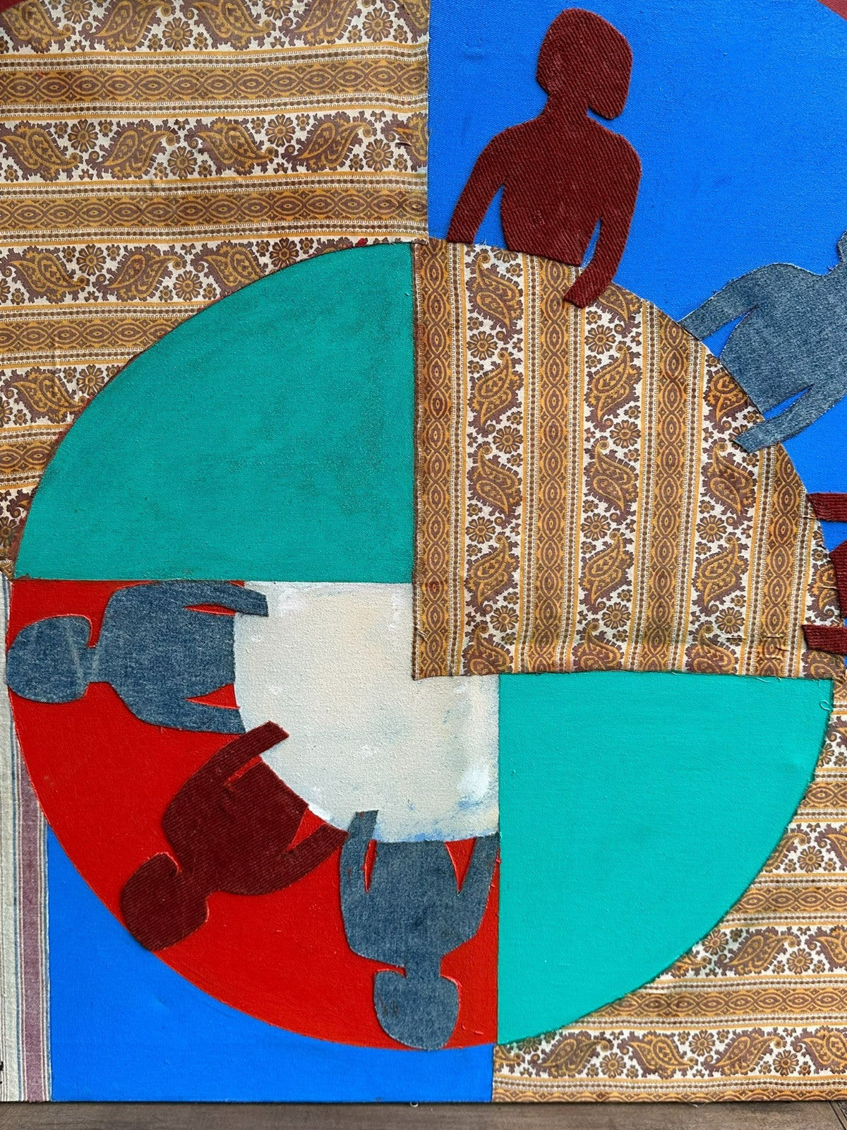 MODERNE KOMPOSITION SIGNIERT YACOUB AL-KURD JERUSALEM STOFF UND ACRYL PERSONEN
