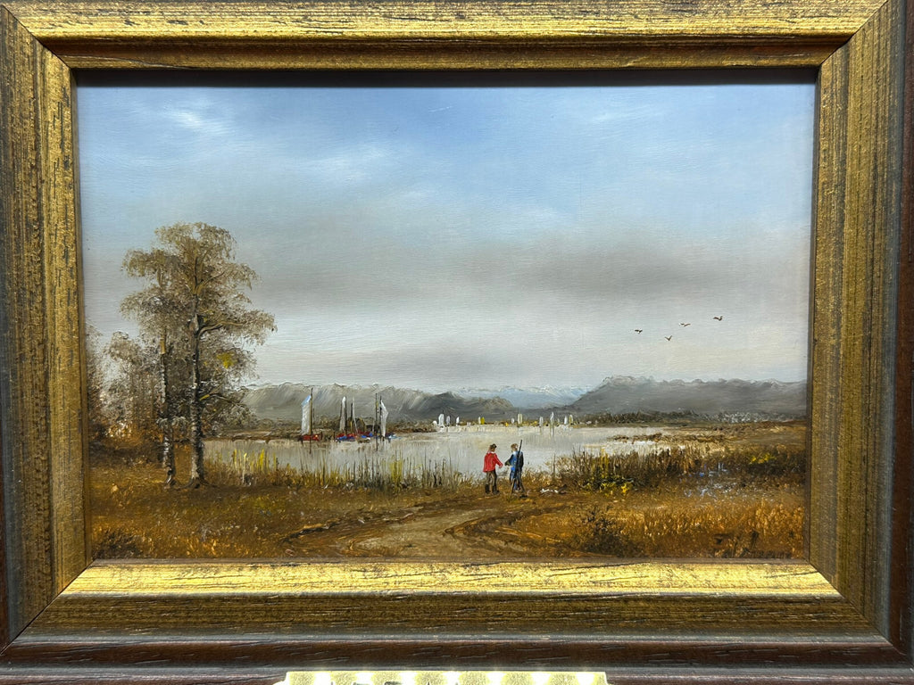 Ölgemälde Prunkrahmen Personen Landschaft Starnberger See Ignaz Peter Falzberger
