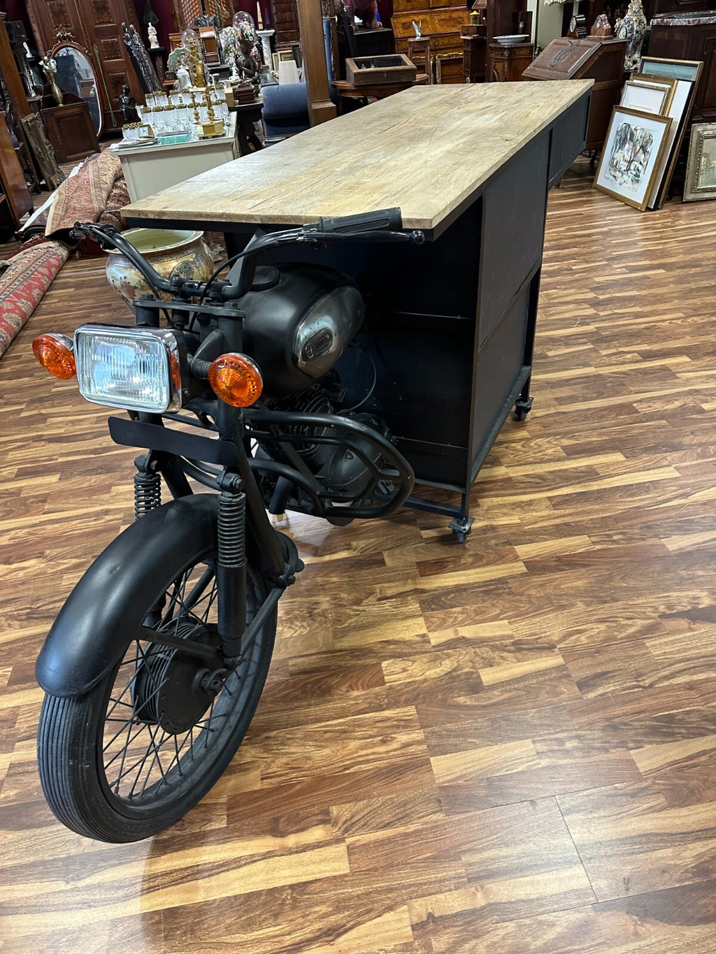Grosser Mobiler Tresen antikes Motorrad Umbau Eiche Platte 285cm