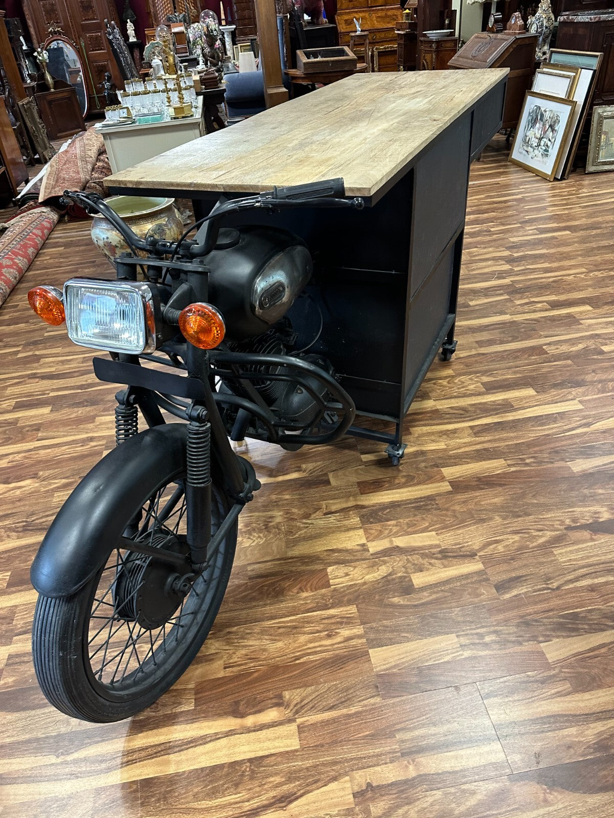 Grosser Mobiler Tresen antikes Motorrad Umbau Eiche Platte 285cm