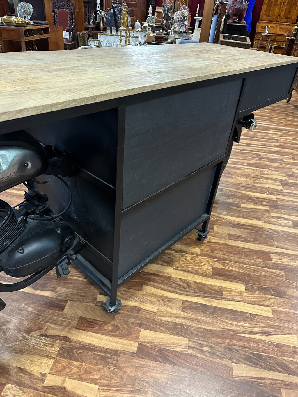 Grosser Mobiler Tresen antikes Motorrad Umbau Eiche Platte 285cm