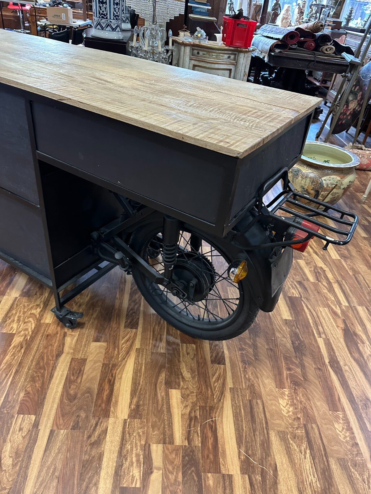 Grosser Mobiler Tresen antikes Motorrad Umbau Eiche Platte 285cm