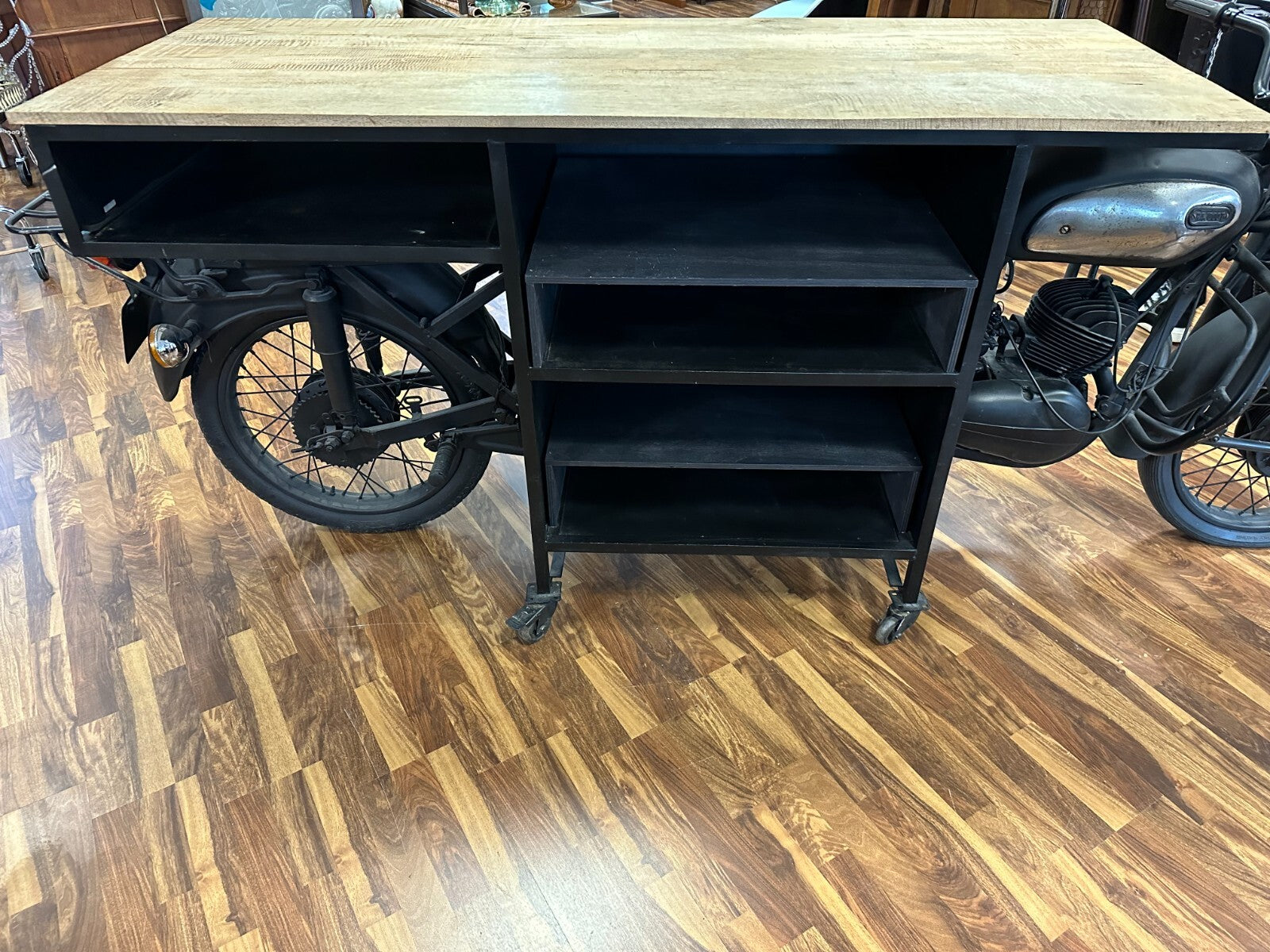 Grosser Mobiler Tresen antikes Motorrad Umbau Eiche Platte 285cm